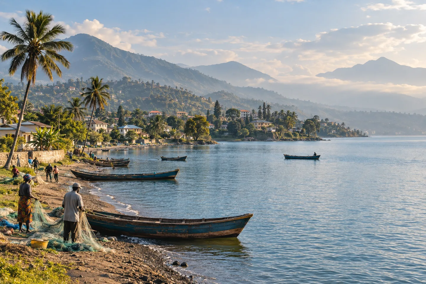 An illustration of life along the Kivu shoreline